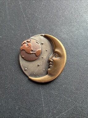K&T Moon & Earth Sculpted Brooch in Antique Gold and Copper Tones